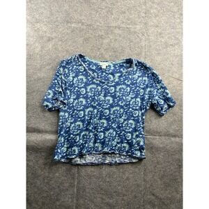 Sundance Size XL Blue Floral Cotton Cropped Short Tee T Shirt Boho Coastal Surf